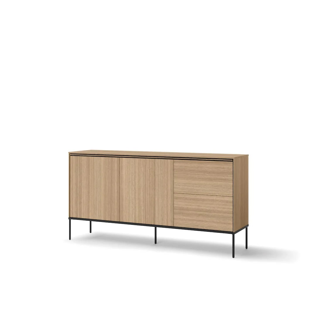 Long wood sideboard cabinet with two doors and one drawer, black metal legs