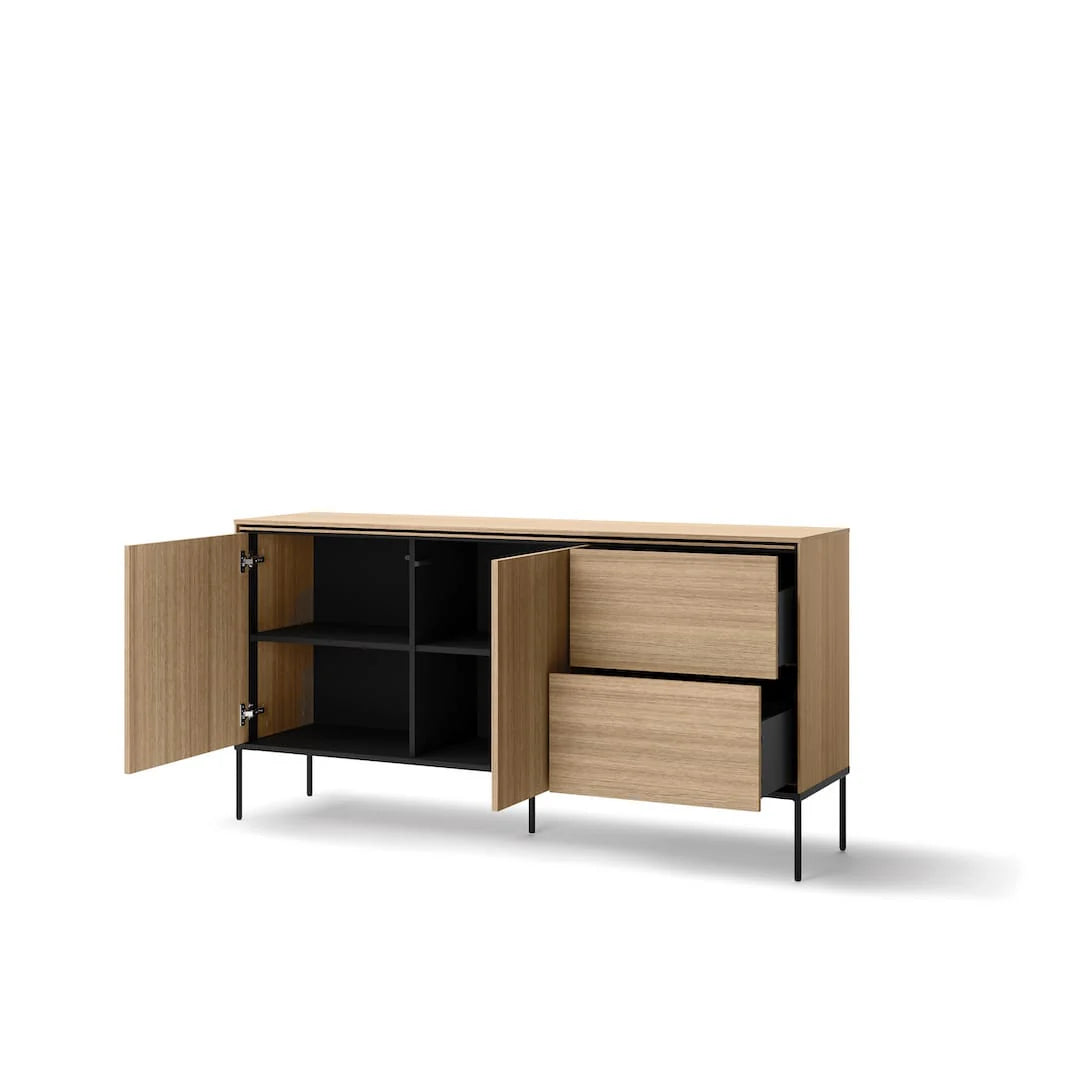 Long sideboard cabinet with open compartments, wood doors, and black metal legs