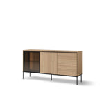 Wood sideboard cabinet with glass doors, open shelves, and dark metal legs