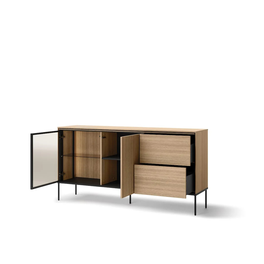 Light wood sideboard cabinet with open center shelves and swing door