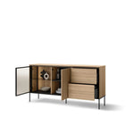 Wood display sideboard with glass side door, open shelves, and front drawer