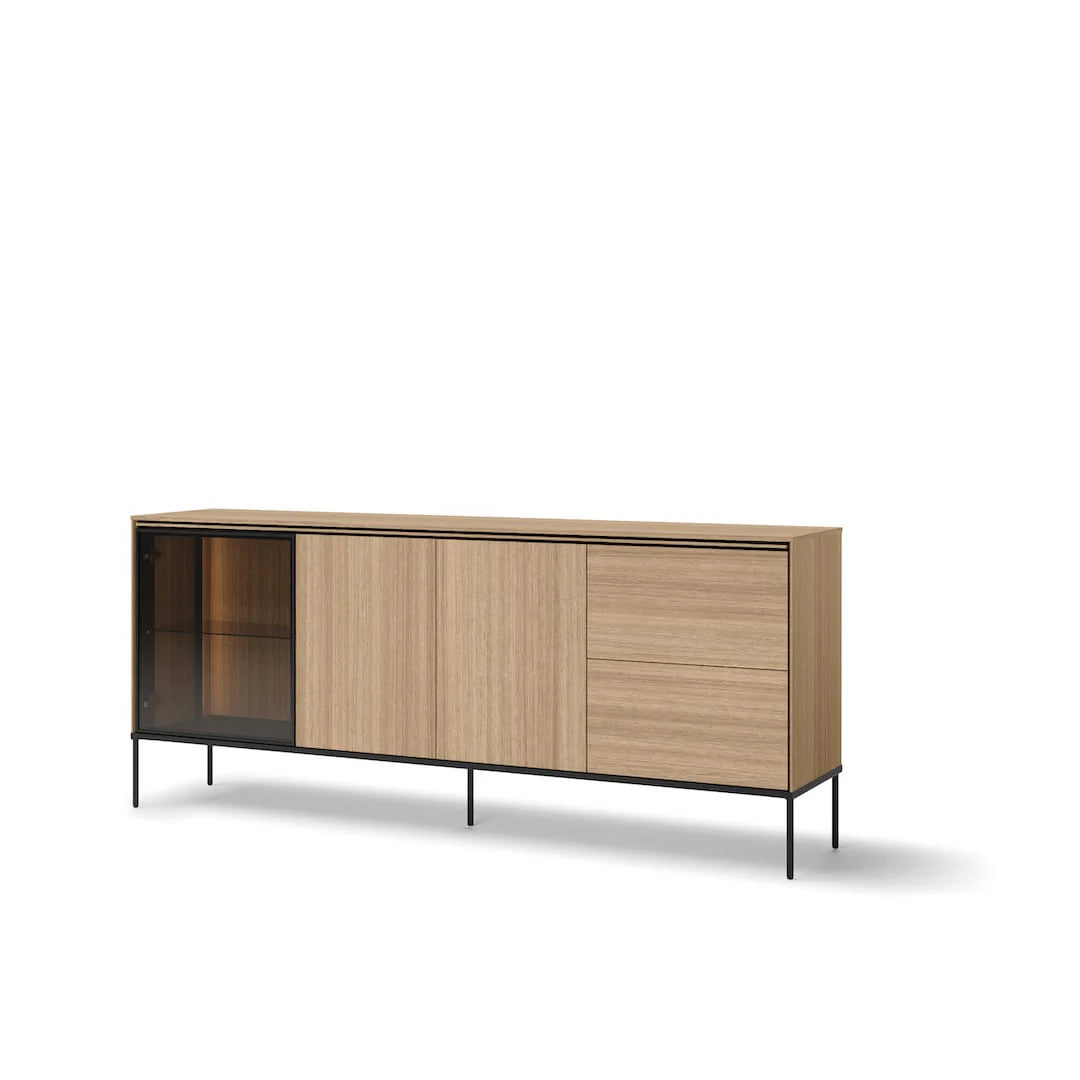 Long display sideboard cabinet with glass door, light oak finish, and metal legs