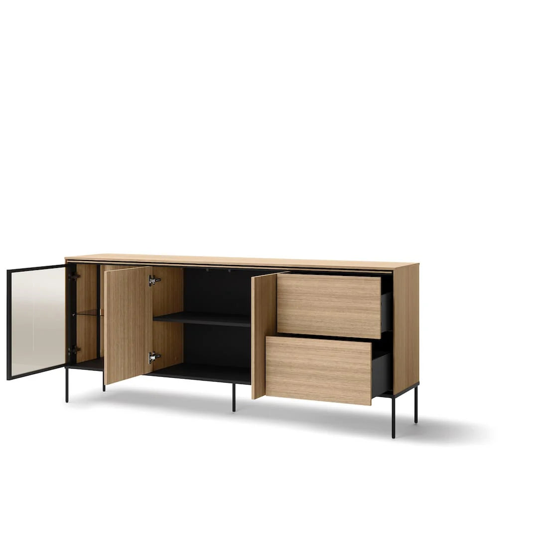 Long sideboard cabinet with open shelves, two doors, light oak panels, and metal legs