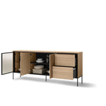 Long display sideboard cabinet with open compartments and storage doors, light oak, metal legs