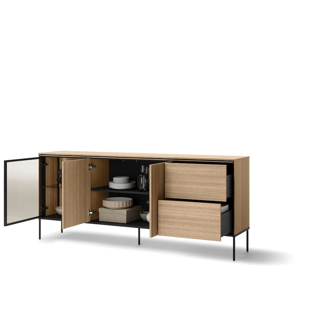 Long display sideboard cabinet with open compartments and storage doors, light oak, metal legs