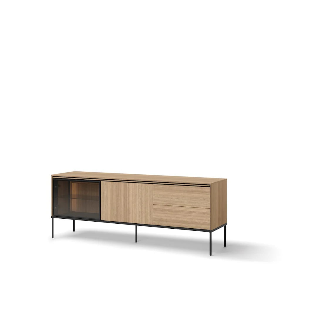 Light wood TV console cabinet with glass-front doors and black metal legs