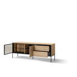 Wood TV console with open shelf, drawer, and glass panel doors; black legs