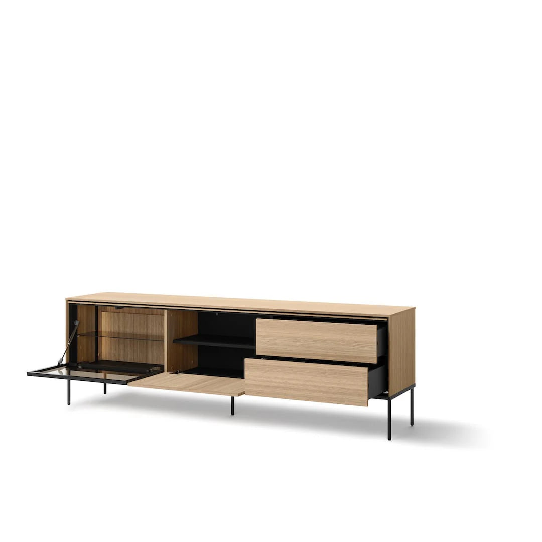 Light wood TV cabinet with open media compartment, two drawers, and black metal legs