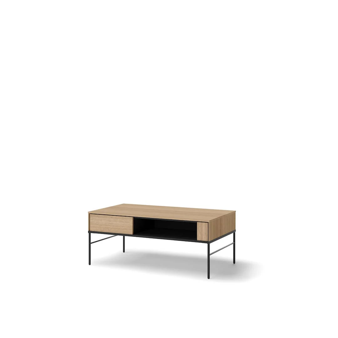 Modern coffee table with light wood top, drawer, and open shelf storage
