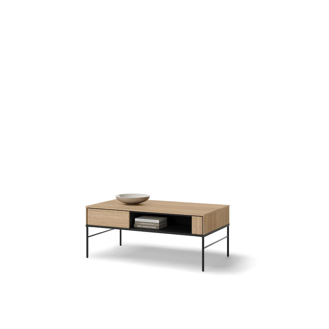 Light wood coffee table with drawer and open middle shelf, front corner view