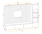 Media wall unit with vertical slats, TV open bay, and white glass cabinet doors