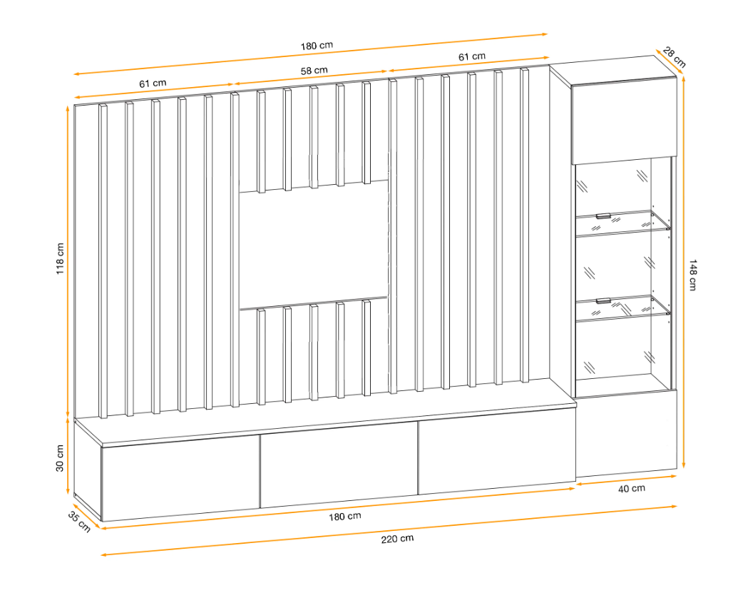 Media wall unit with vertical slats, TV open bay, and white glass cabinet doors