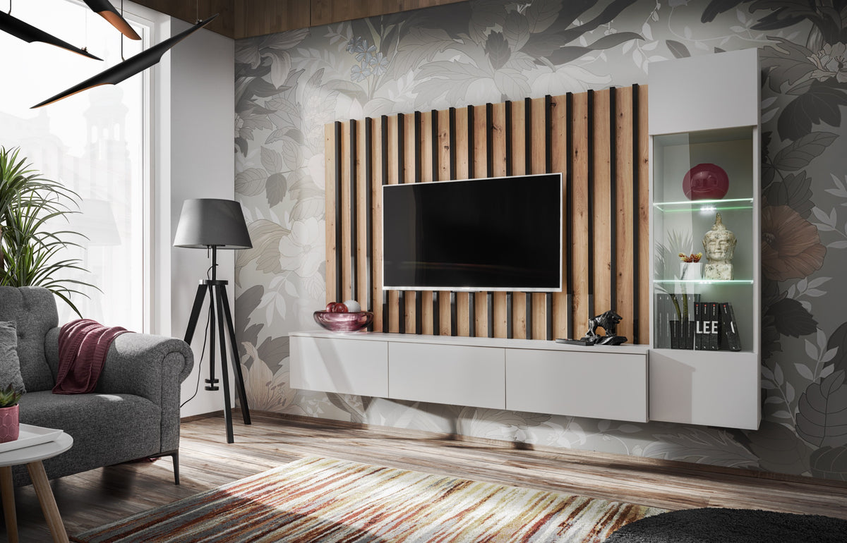 Media wall unit with vertical wood slat panel, TV console, and side glass display cabinet