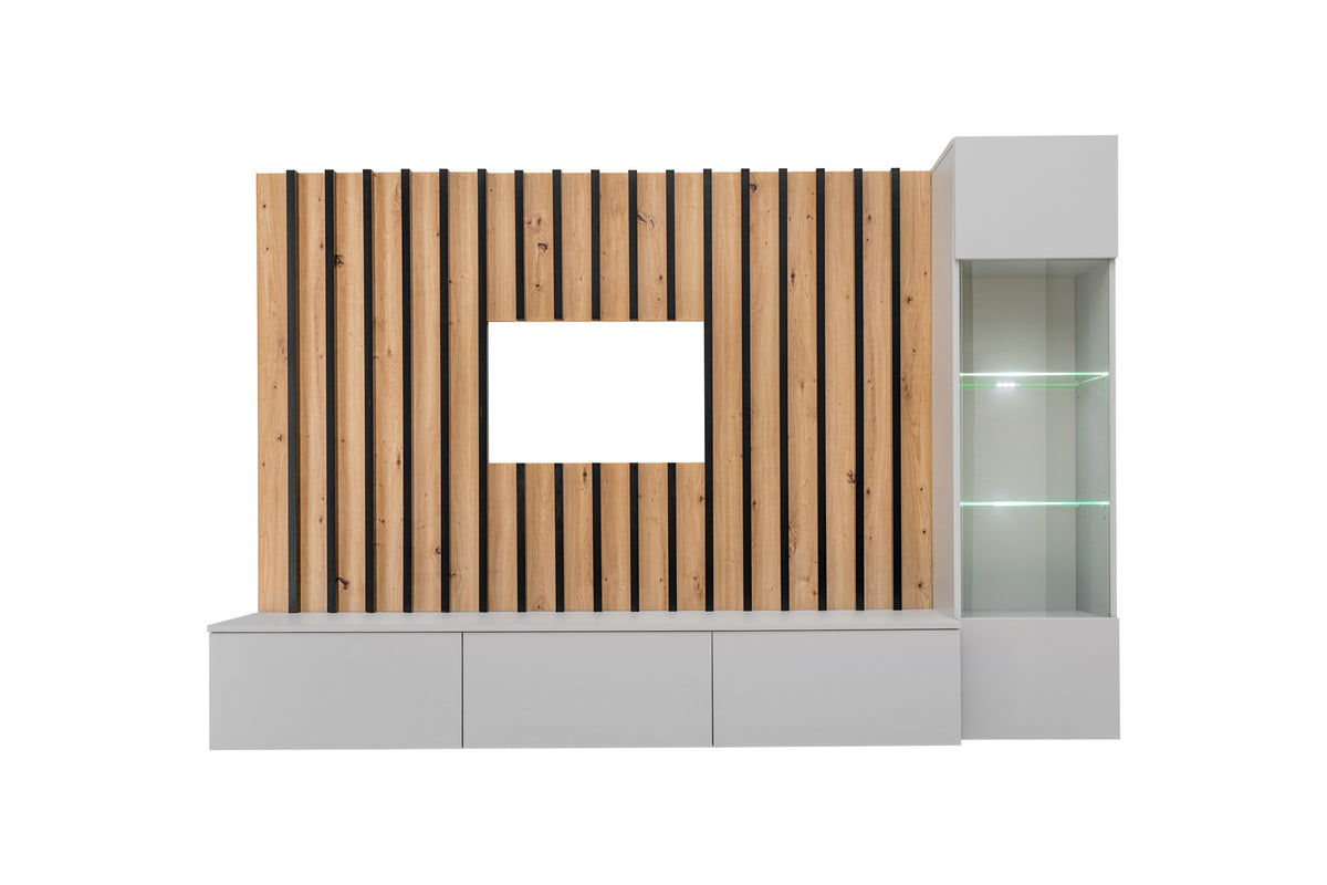 Media wall unit showing wood slat back panel with white base and open glass cabinet