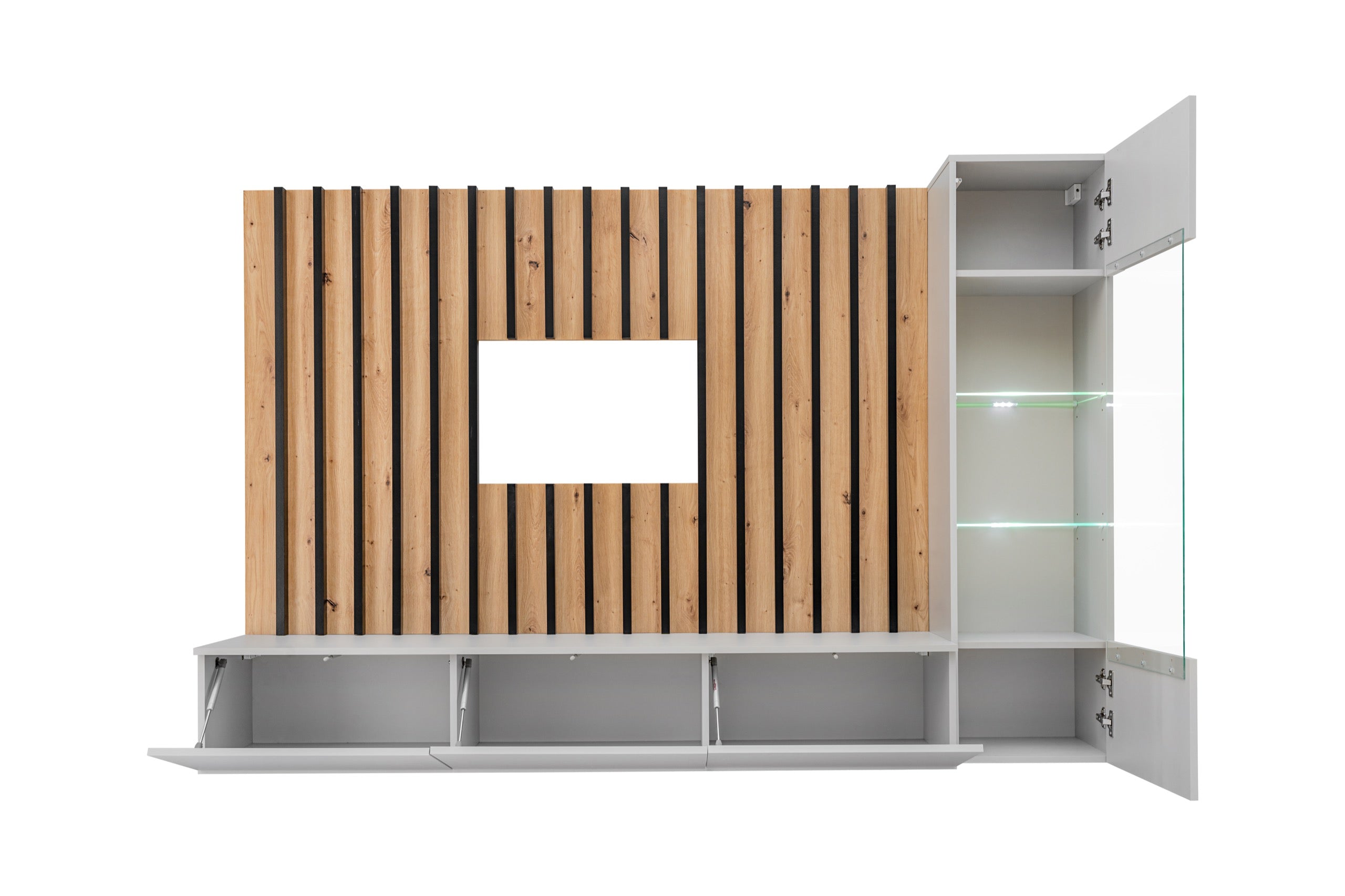 Quentin Media Wall Unit with Slats and Glass Cabinets W220cm