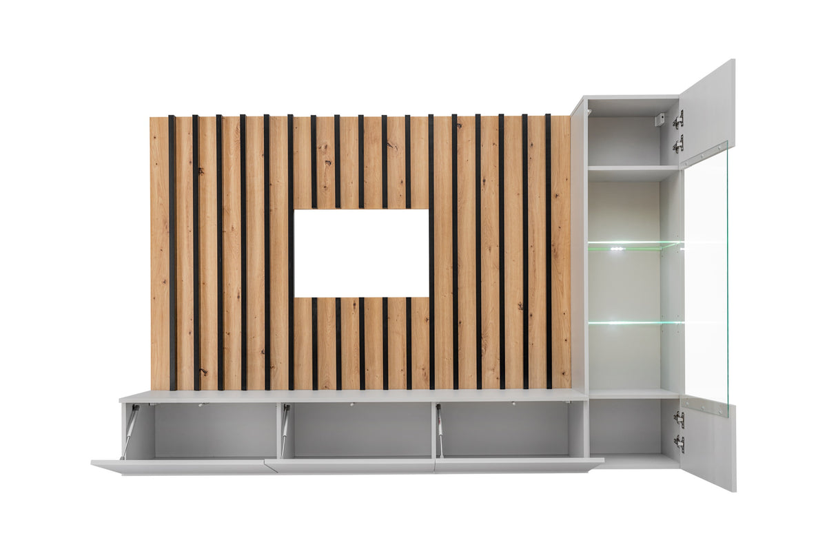 Media wall unit with vertical wood slats, open shelves, and hinged glass cabinet