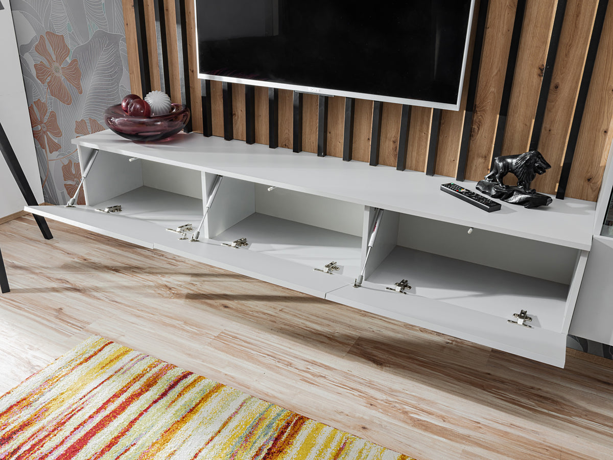 Media wall unit with white open shelves and TV area, wood slat backdrop behind