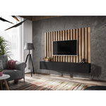 Media wall unit with vertical wood slat panel, black TV, and white console