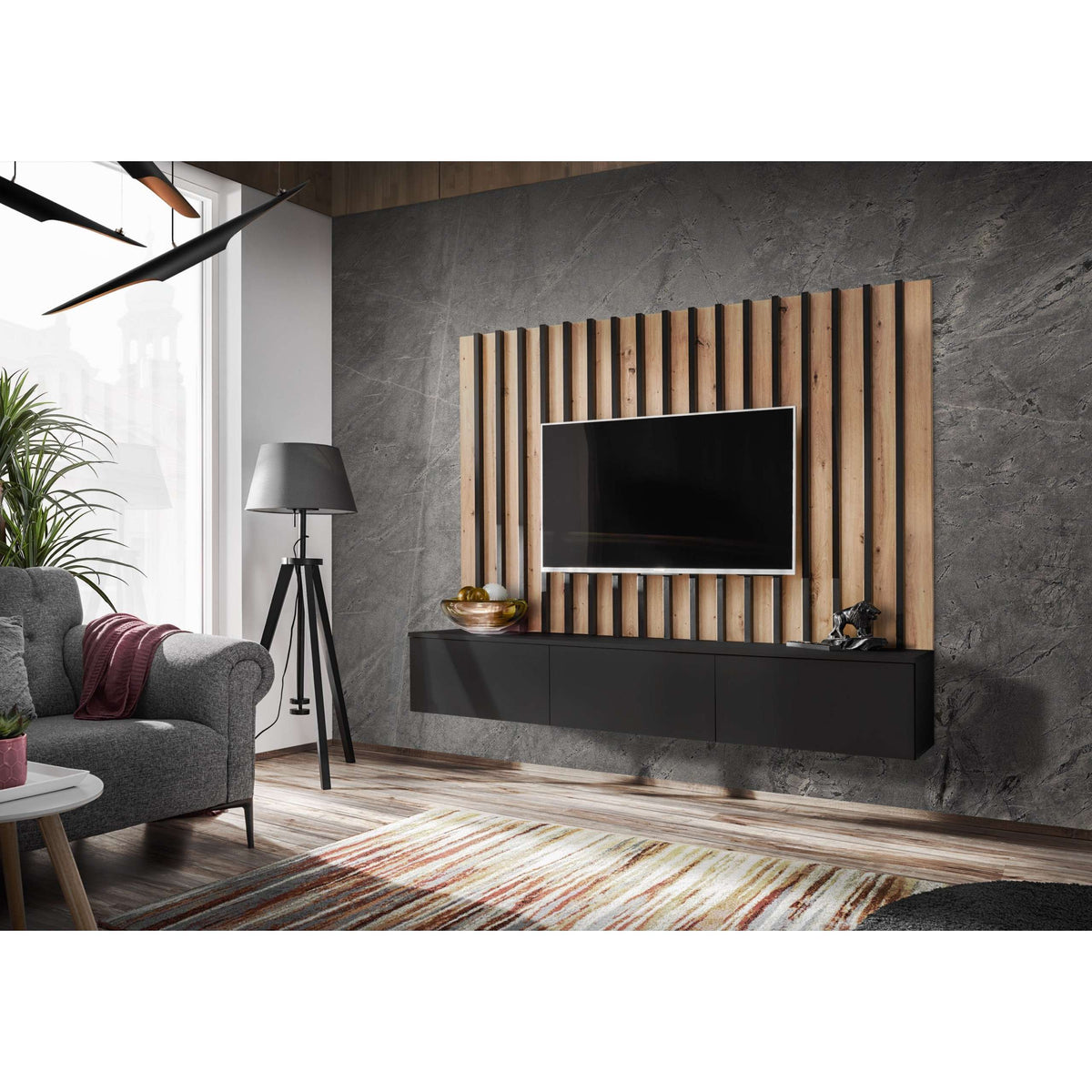 Media wall unit with vertical wood slat panel, black TV, and white console