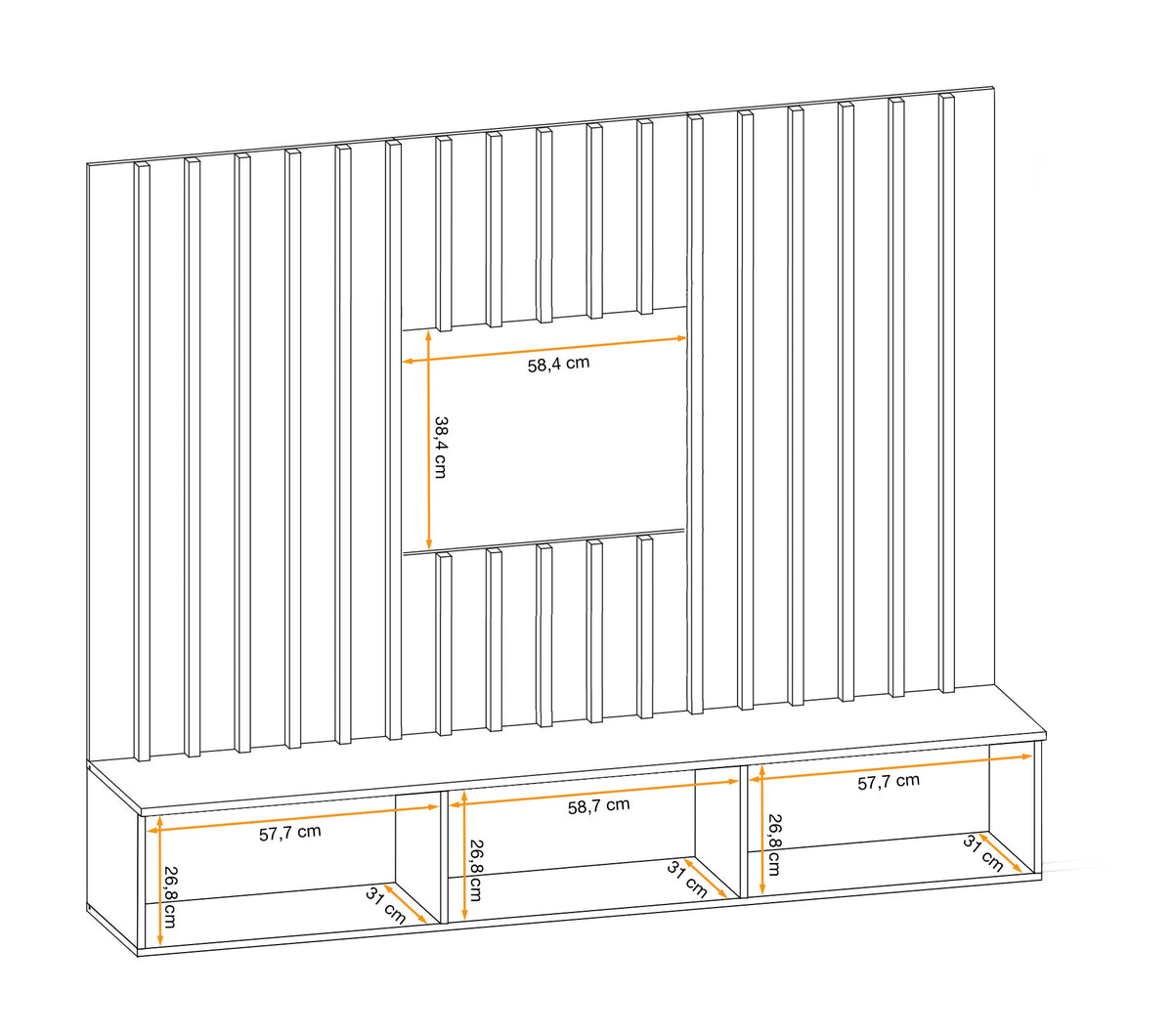 Wall unit technical diagram with vertical slat back and base cabinet dimensions