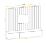 Wall unit dimensions diagram, vertical slat frame and white base cabinet with drawer