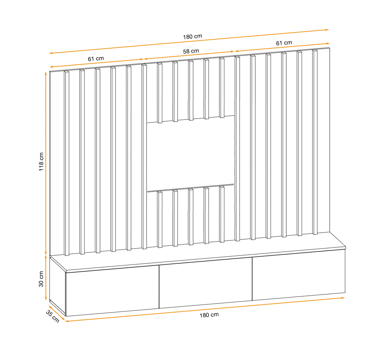 Wall unit dimensions diagram, vertical slat frame and white base cabinet with drawer