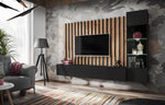 Media wall unit in grey with vertical wood slat panel, TV console, and glass display cabinet
