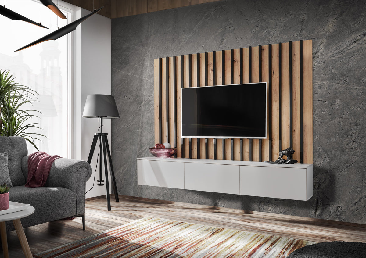 Media wall unit with vertical wood slats, black TV, and white console cabinet