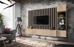 Media wall unit with light wood slat back panel, TV console, and glass display cabinet