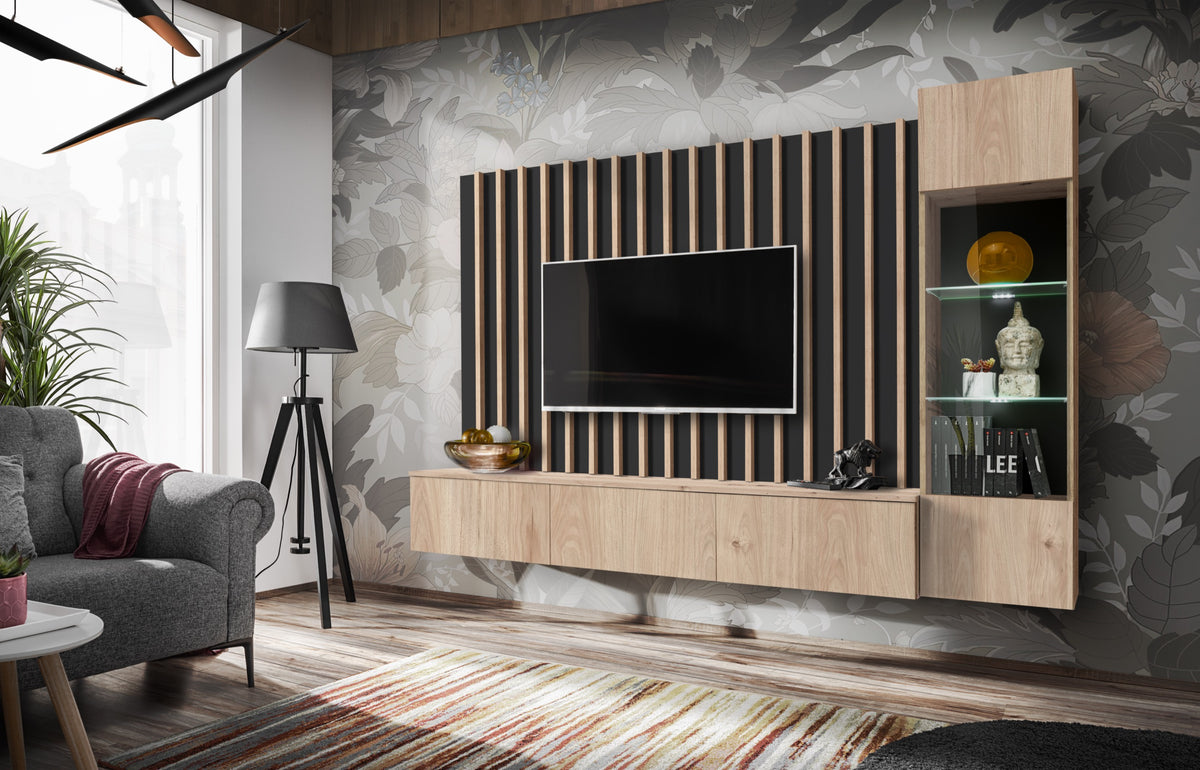 Media wall unit with light wood slat back panel, TV console, and glass display cabinet
