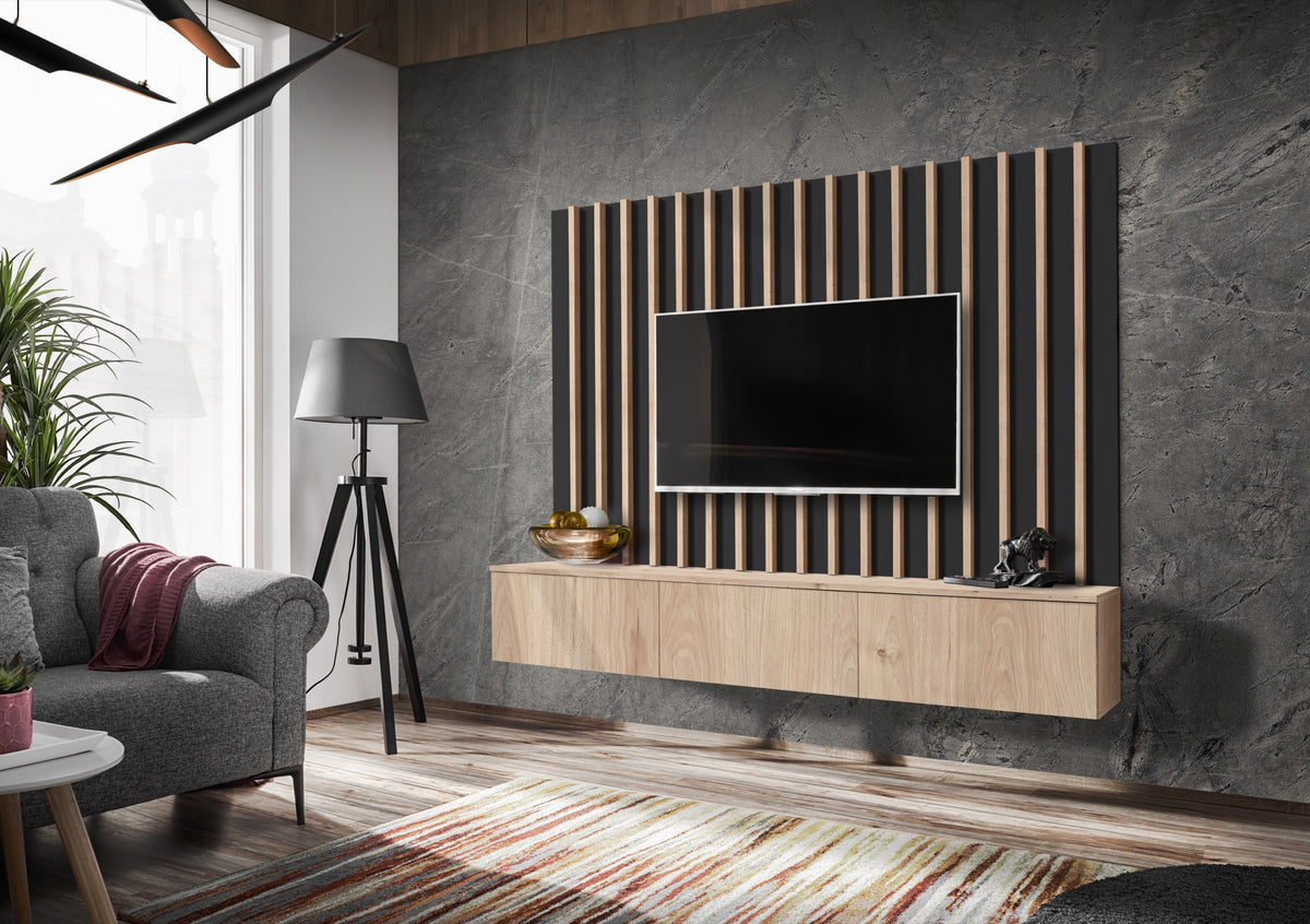 Media wall unit with vertical wood slats and TV on wood-and-white console