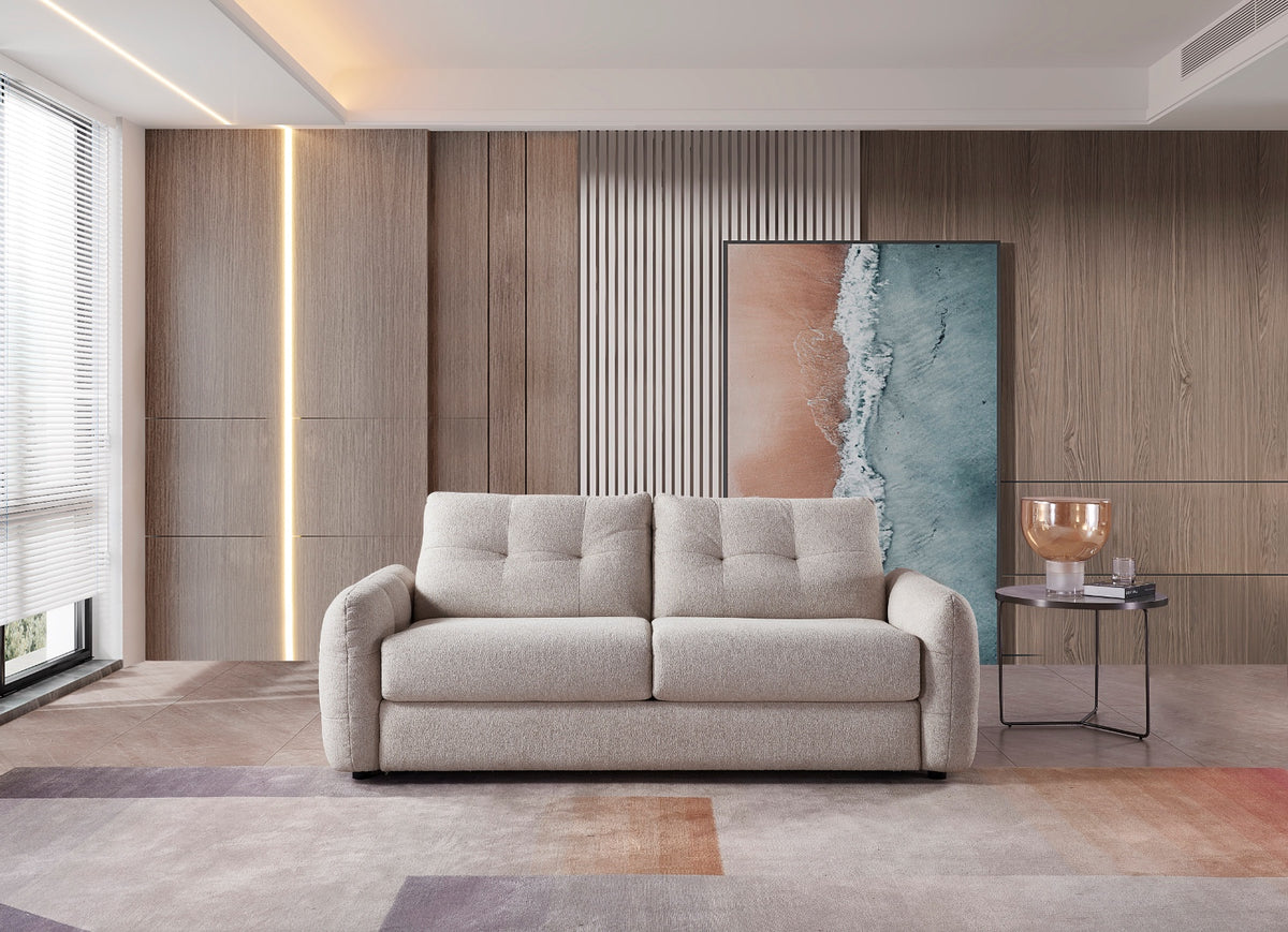 Beige 3-seater sofa bed with tufted back cushions and straight base
