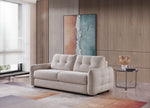 Beige 3-seater sofa bed with padded armrests and open mattress frame