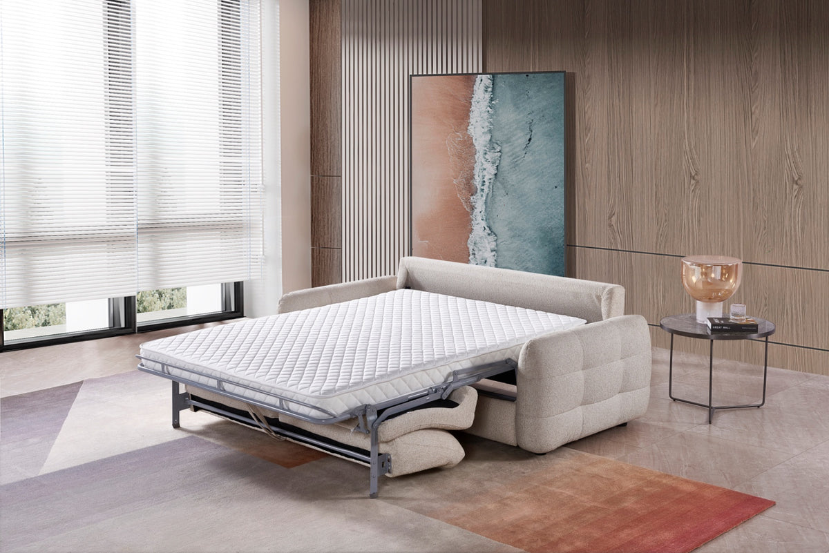 Beige 3-seater sofa bed with tufted back and fold-out mattress