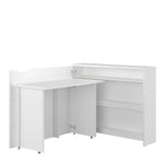 White convertible desk with storage shelves, fold-out flap, and adjustable legs