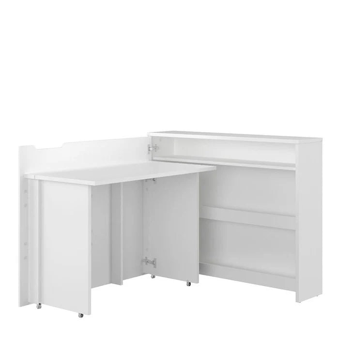White convertible desk with storage, corner fold-out panels and open compartments