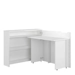 White convertible desk with storage, open shelves and hinged side extension