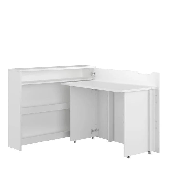 White convertible desk with storage shelves and fold-out section