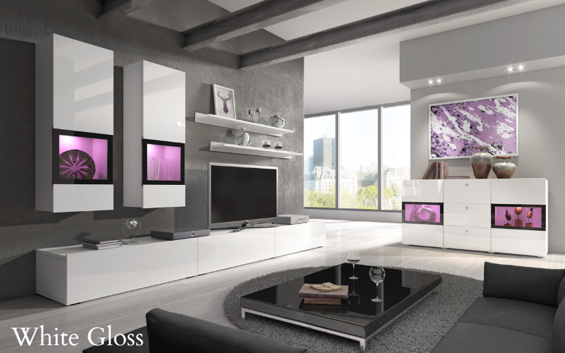 White gloss sideboard with black-framed display windows and three-door storage layout
