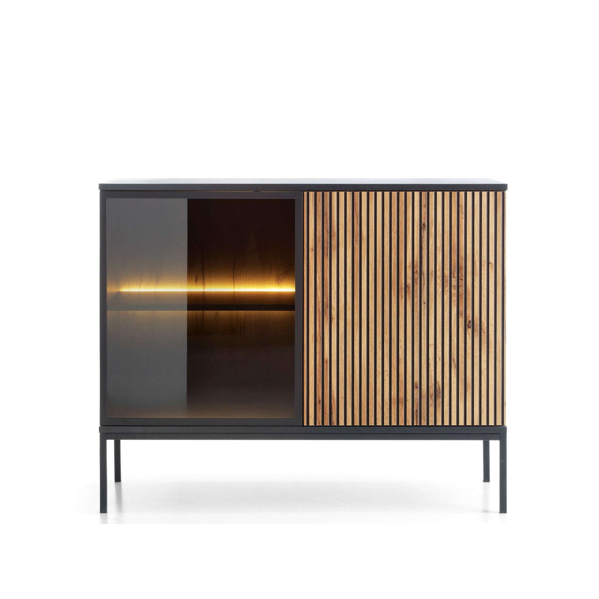 2-door sideboard with black frame, left open cabinet, and right ribbed door panel