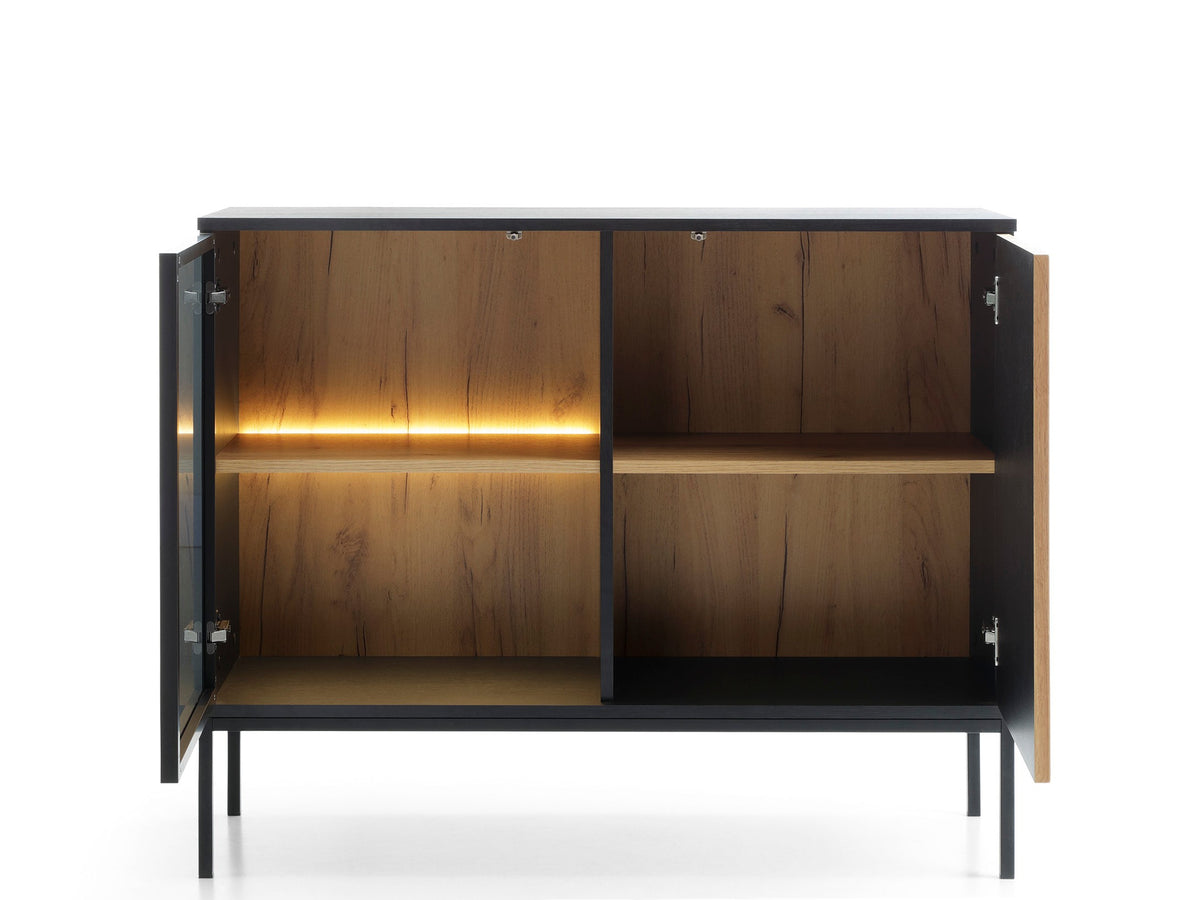 2-door sideboard with both doors open, showing two internal shelves