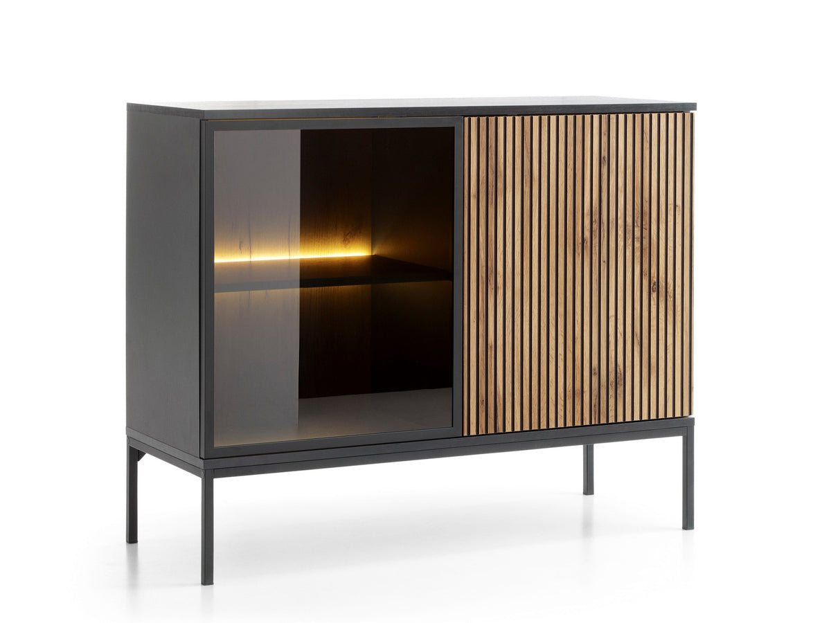 2-door sideboard with black frame, left open cabinet door, and right ribbed door panel