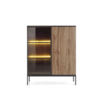 Short display cabinet with glass door, vertical ribbed front, and warm LED light