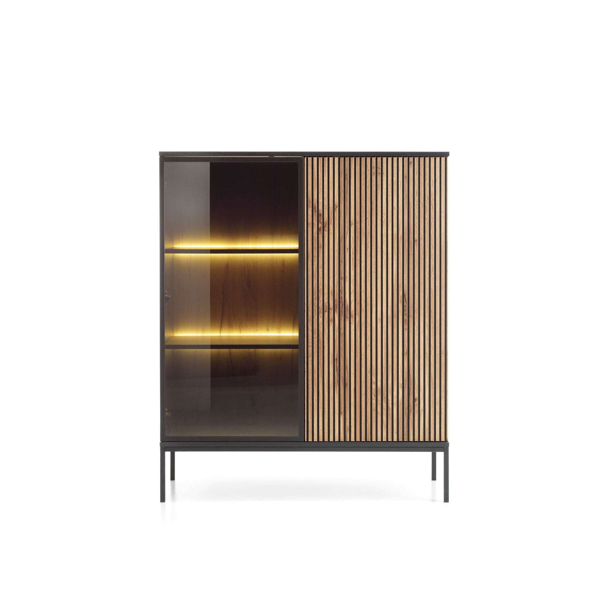 Short display cabinet with glass door, vertical ribbed front, and warm LED light