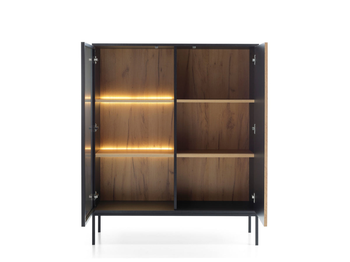 Open short display cabinet with storage shelves, glass section, and warm LED glow