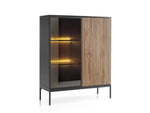 Short display cabinet with glass door, vertical ribbed front panel, and warm LED