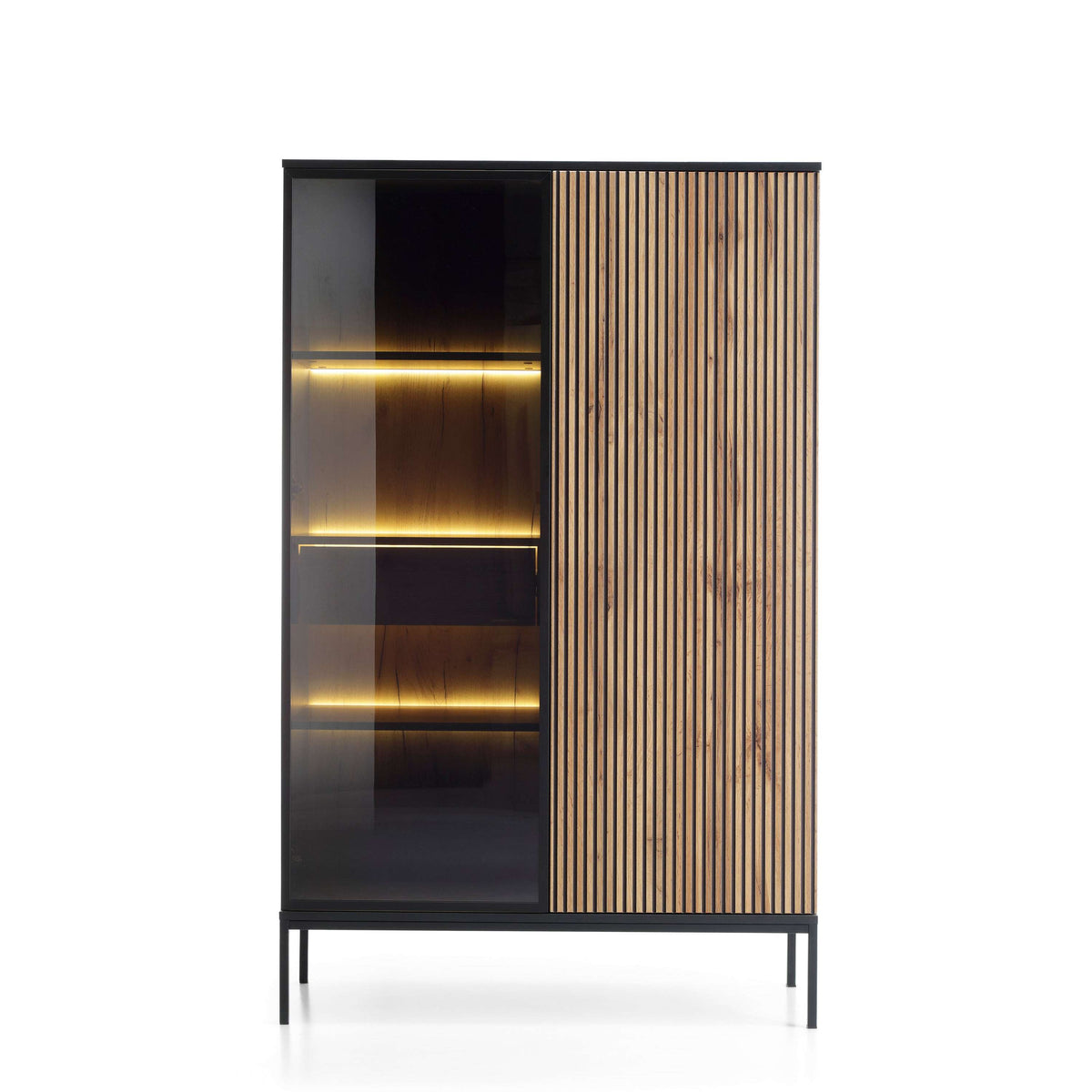 High display cabinet with black frame, glass side, and vertical wood slat panel