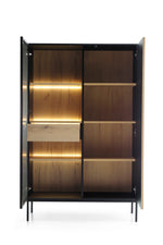 High display cabinet with both doors open, glass shelving and warm LED strip lights