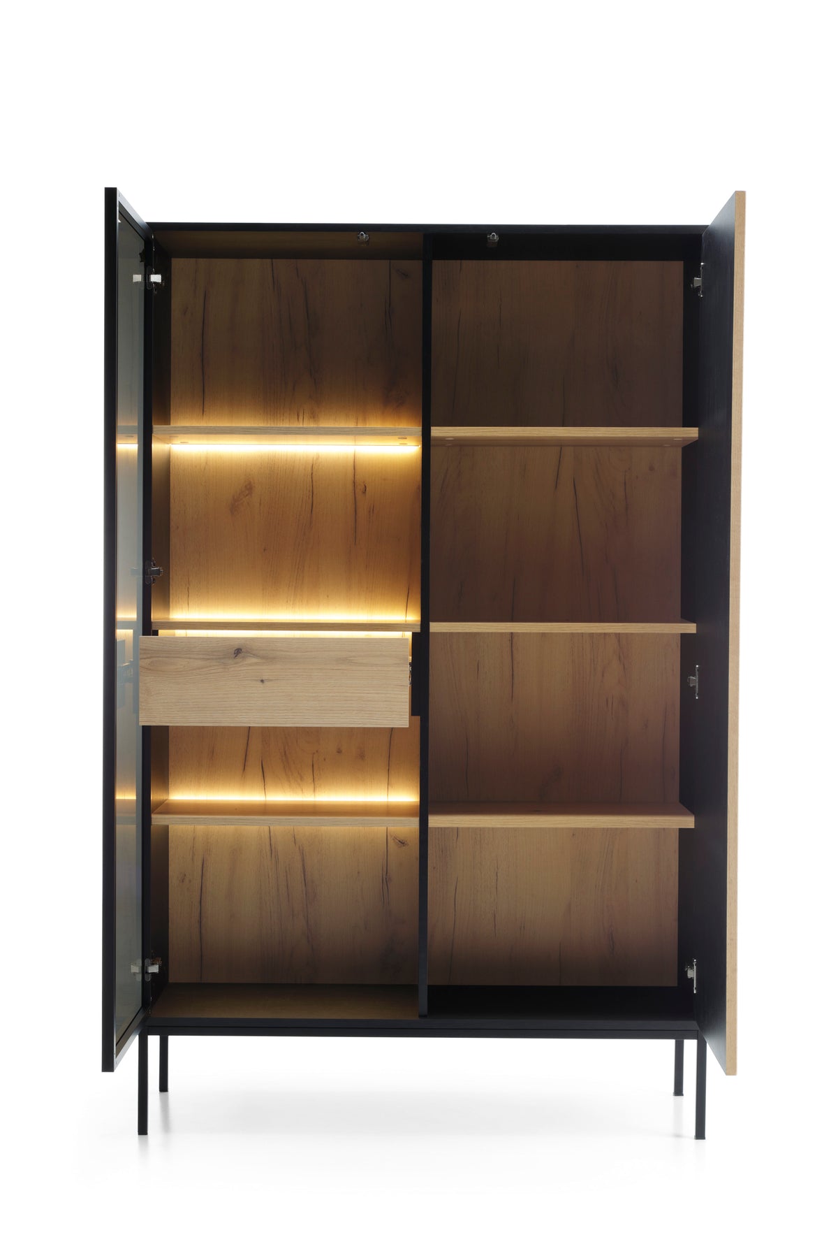 High display cabinet with both doors open, glass shelving and warm LED strip lights