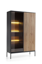 High display cabinet with dark frame, glass door, and vertical wood slat panel